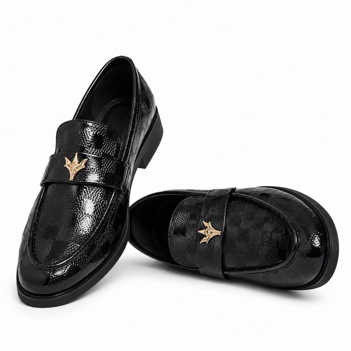 Check-Embossed Leather Loafers