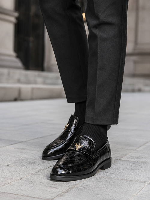 Check-Embossed Leather Loafers