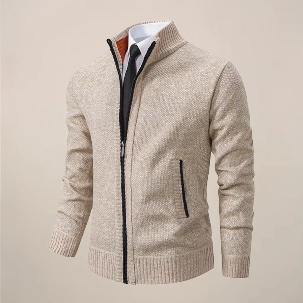 Zip-Up Stand Collar Knit Cardigan