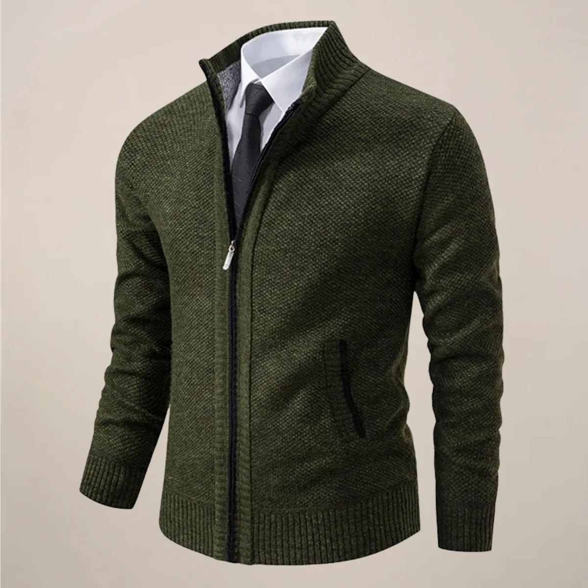 Zip-Up Stand Collar Knit Cardigan