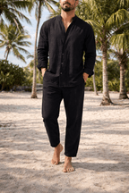 Men's Linen Set – Grandad Collar Shirt & Trousers - Secranzo