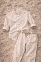 Men's Linen Set – Grandad Collar Shirt & Trousers - Secranzo