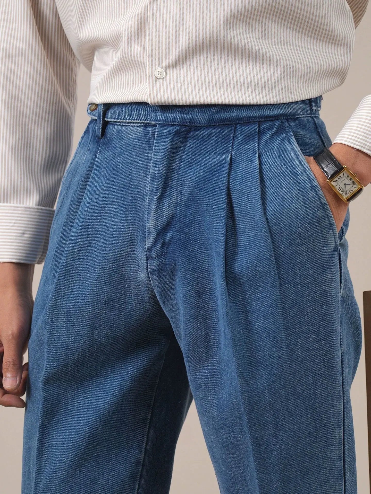 Pleated Gurkha Denim Trousers