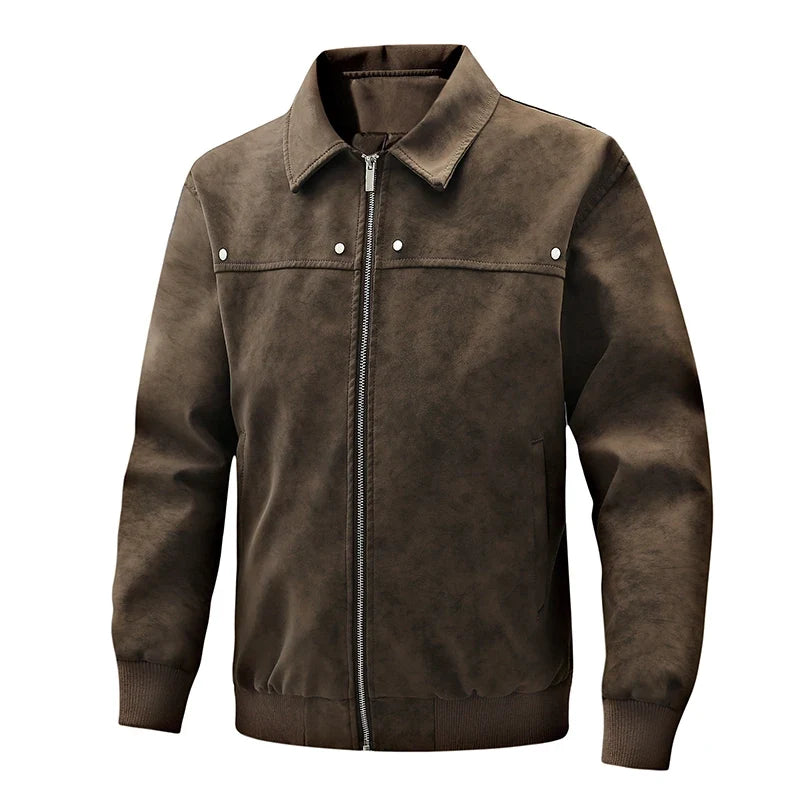 Ribbed-Cuff Classic Leather Jacket