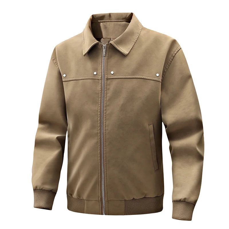 Ribbed-Cuff Classic Leather Jacket