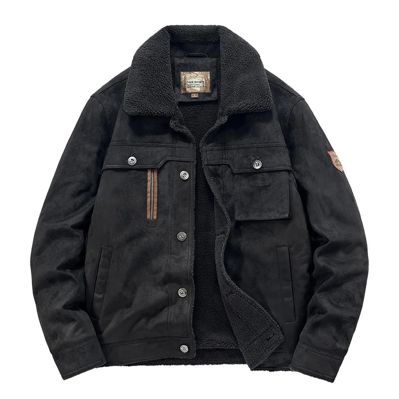 Fur-Collar Sherpa-Lined Suede Jacket