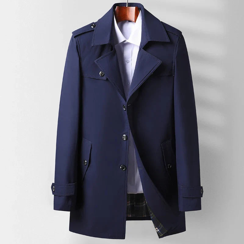 Plaid-Lined Notched Collar Overcoat
