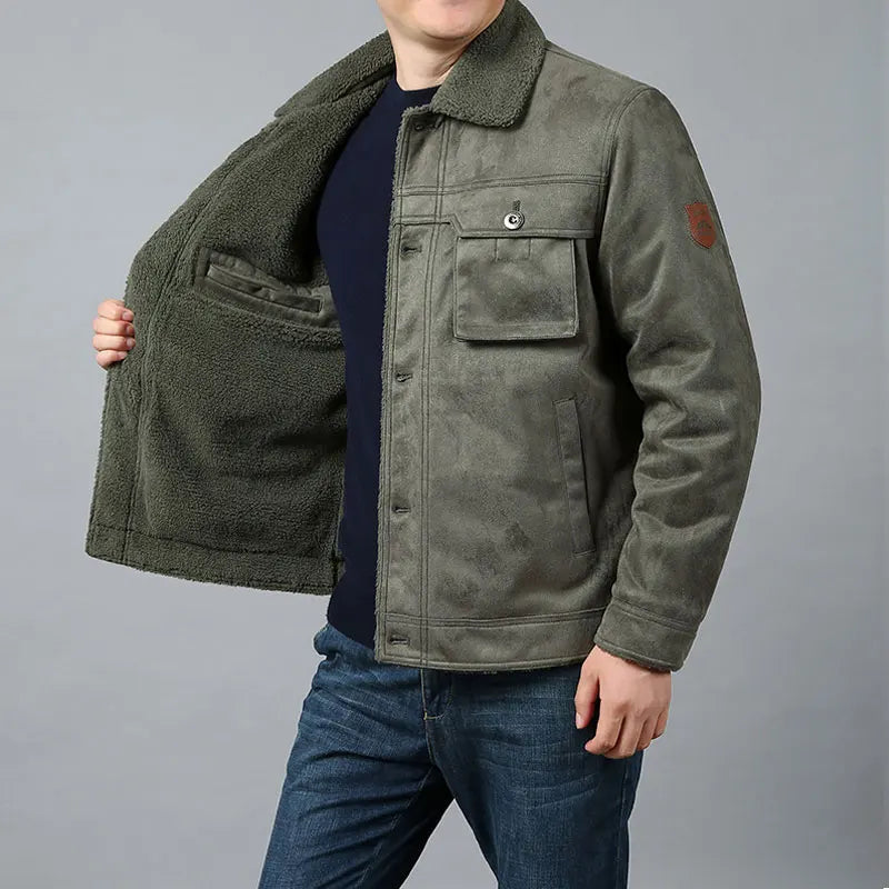Fur-Collar Sherpa-Lined Suede Jacket