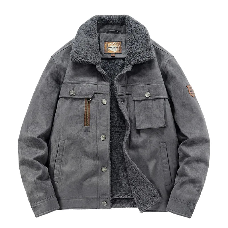 Fur-Collar Sherpa-Lined Suede Jacket