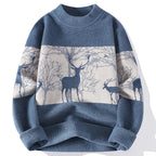 Deer Motif Crew Neck Wool Sweater