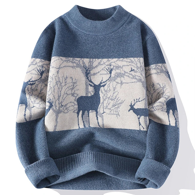Deer Motif Crew Neck Wool Sweater