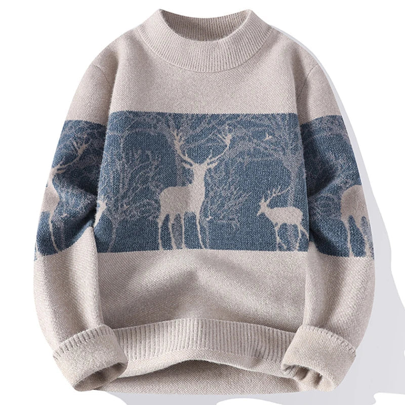 Deer Motif Crew Neck Wool Sweater