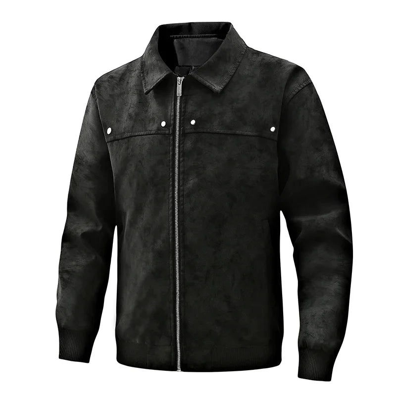 Ribbed-Cuff Classic Leather Jacket
