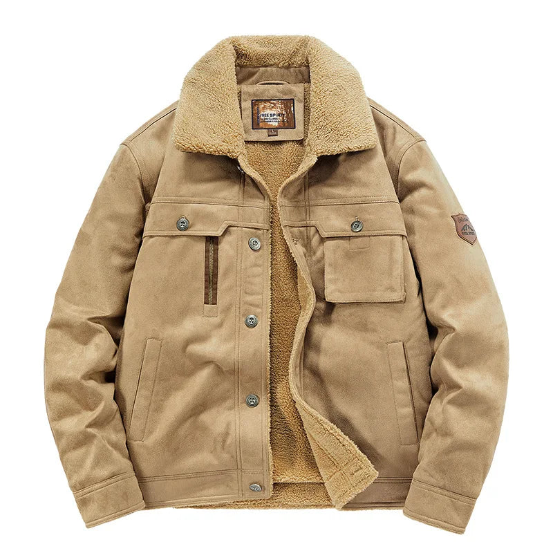 Fur-Collar Sherpa-Lined Suede Jacket