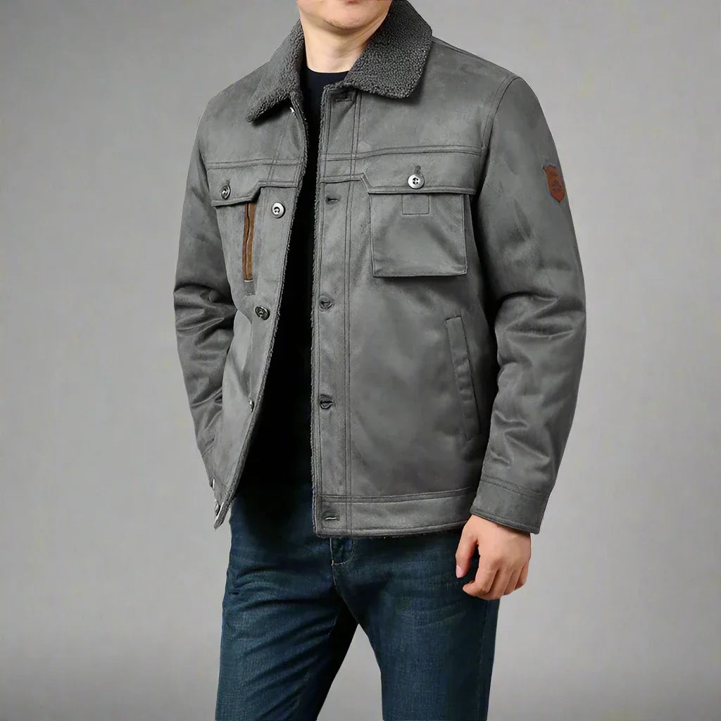 Fur-Collar Sherpa-Lined Suede Jacket