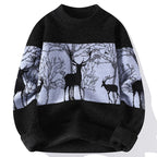 Deer Motif Crew Neck Wool Sweater
