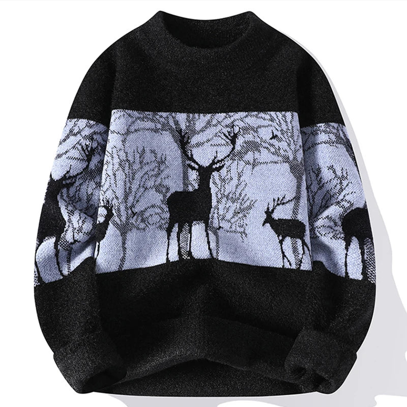Deer Motif Crew Neck Wool Sweater