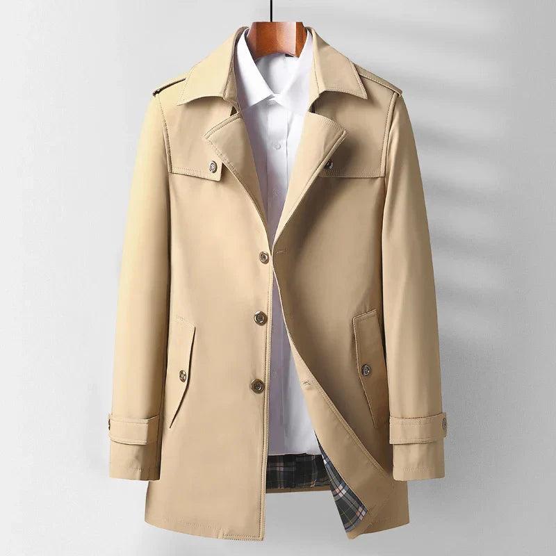 Plaid-Lined Notched Collar Overcoat