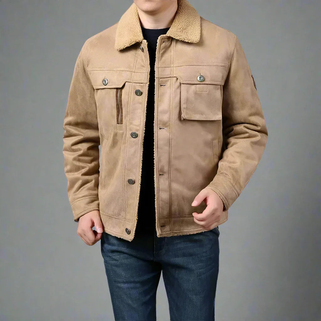 Fur-Collar Sherpa-Lined Suede Jacket