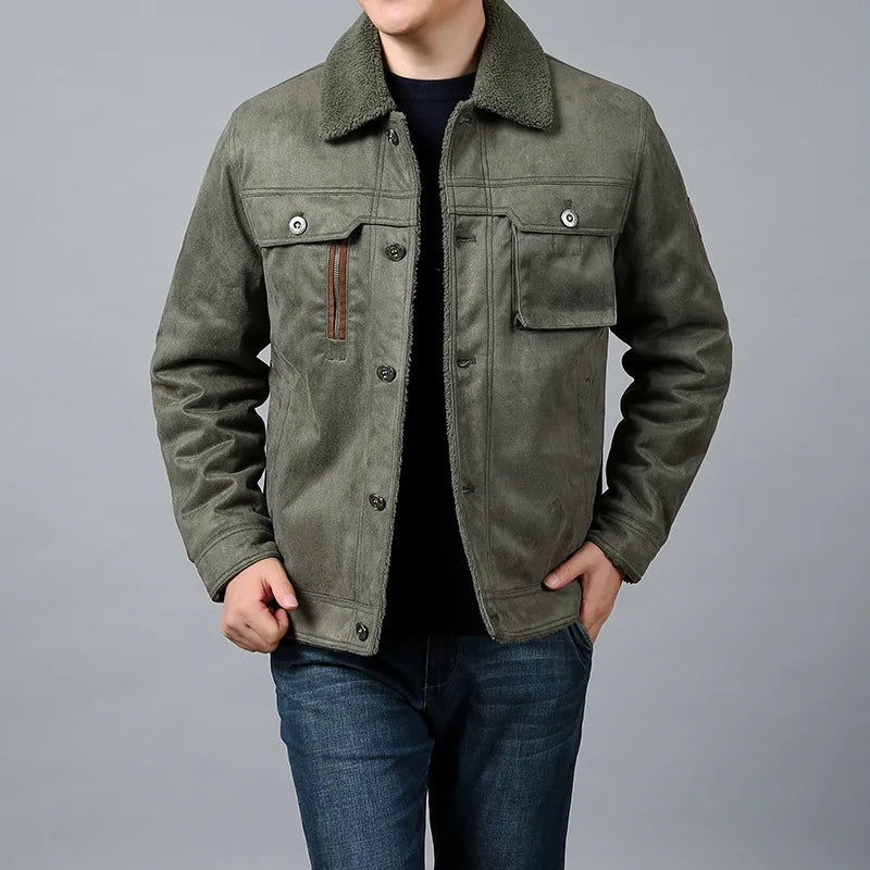 Fur-Collar Sherpa-Lined Suede Jacket