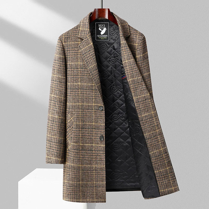 Plaid Mid-Length Wool Overcoat