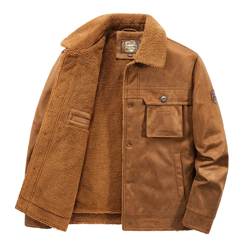 Fur-Collar Sherpa-Lined Suede Jacket
