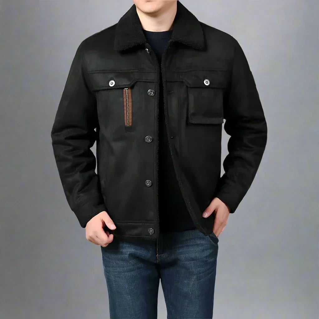 Fur-Collar Sherpa-Lined Suede Jacket