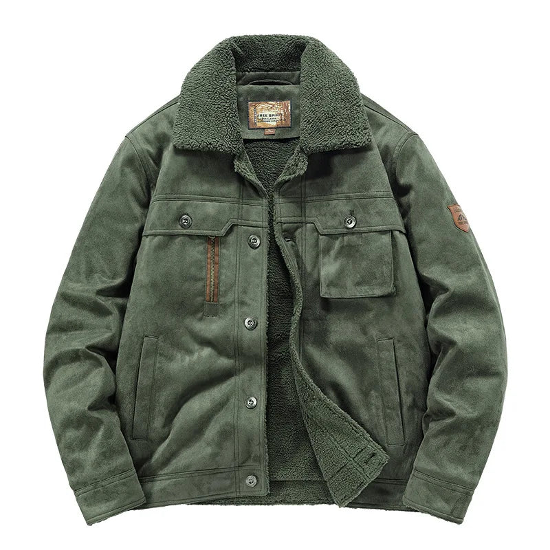 Fur-Collar Sherpa-Lined Suede Jacket