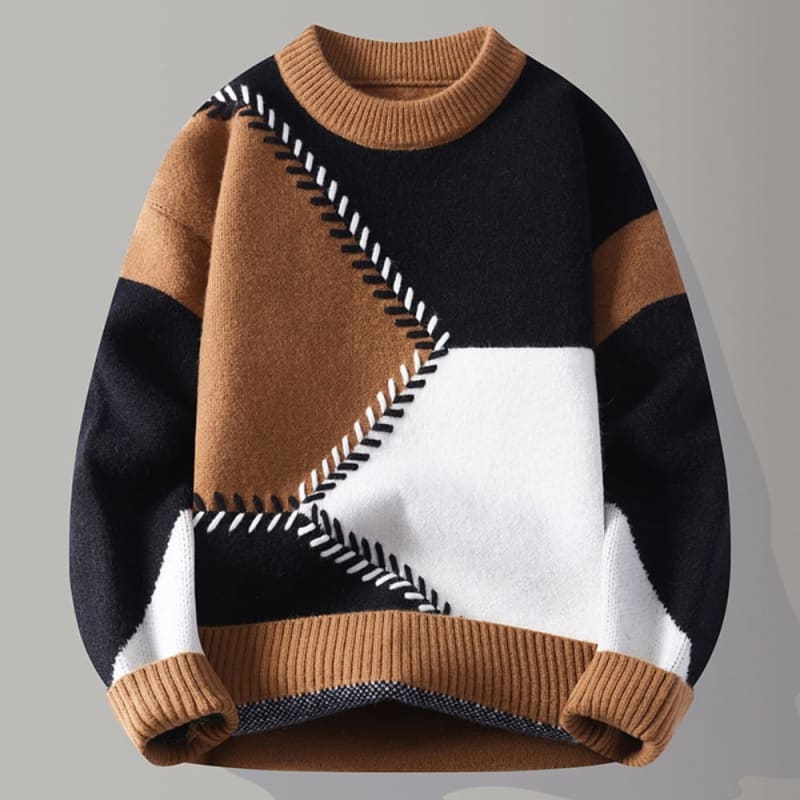 Geometric Panel Knit Crew Sweater