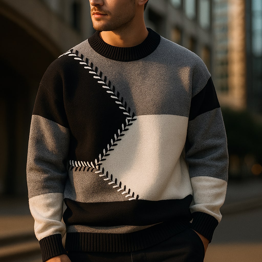 Geometric Panel Knit Crew Sweater