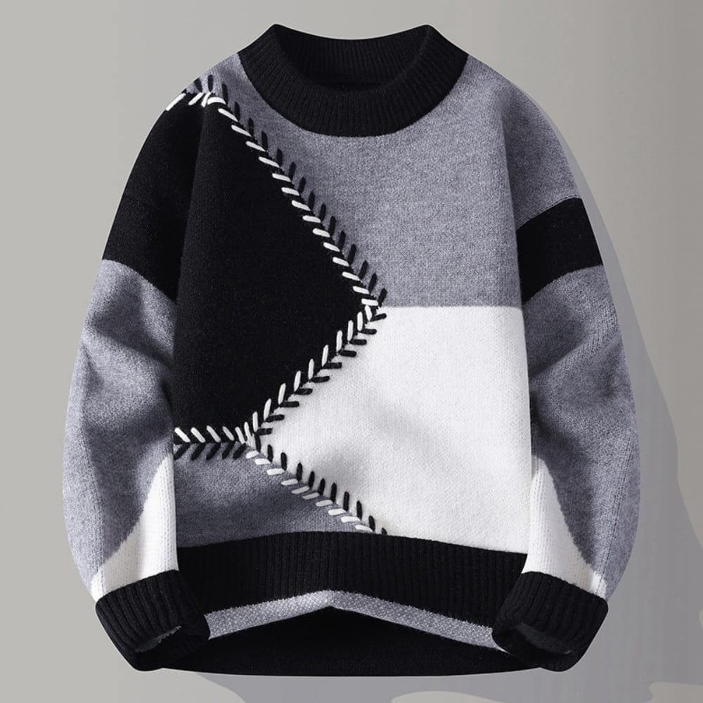 Geometric Panel Knit Crew Sweater