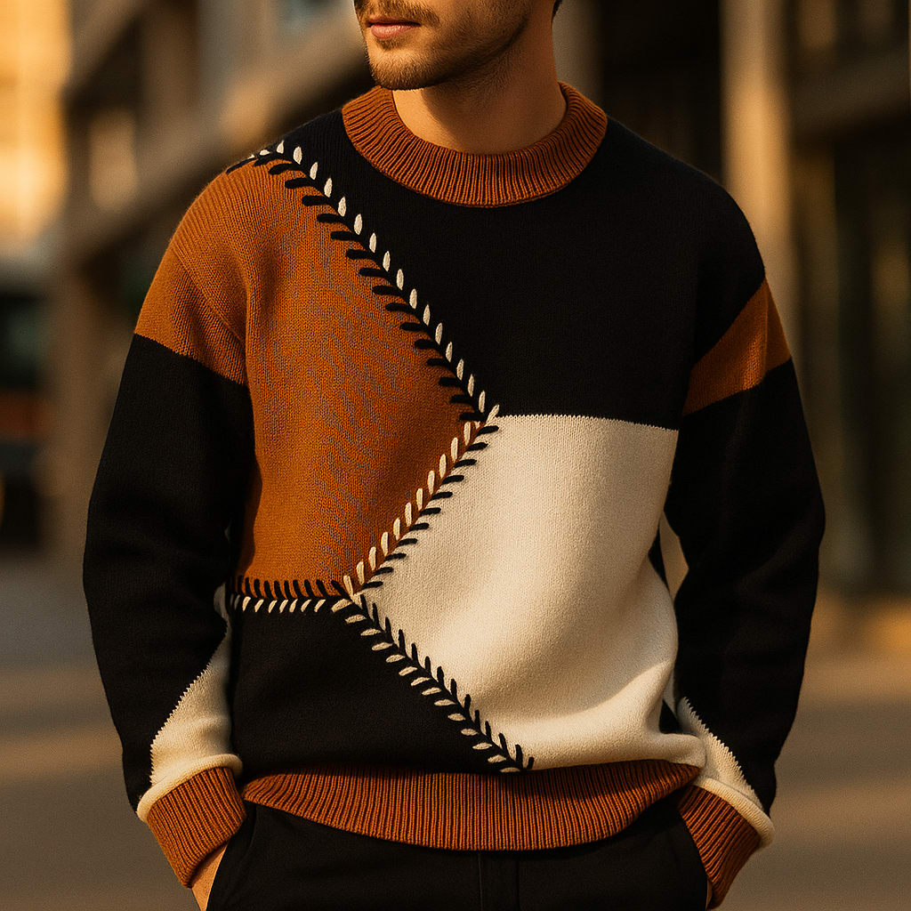 Geometric Panel Knit Crew Sweater