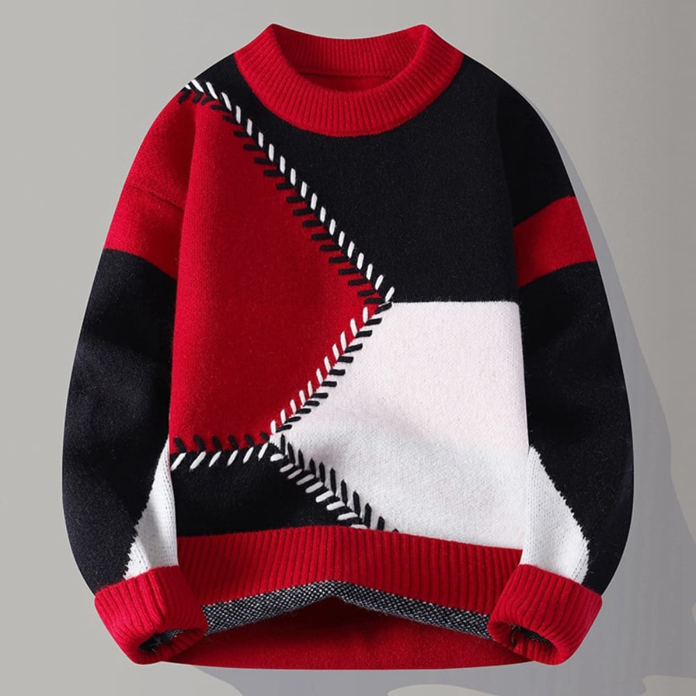 Geometric Panel Knit Crew Sweater