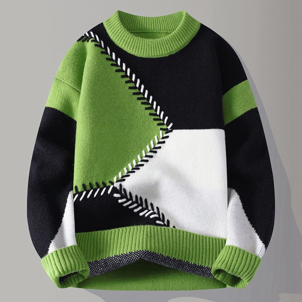 Geometric Panel Knit Crew Sweater