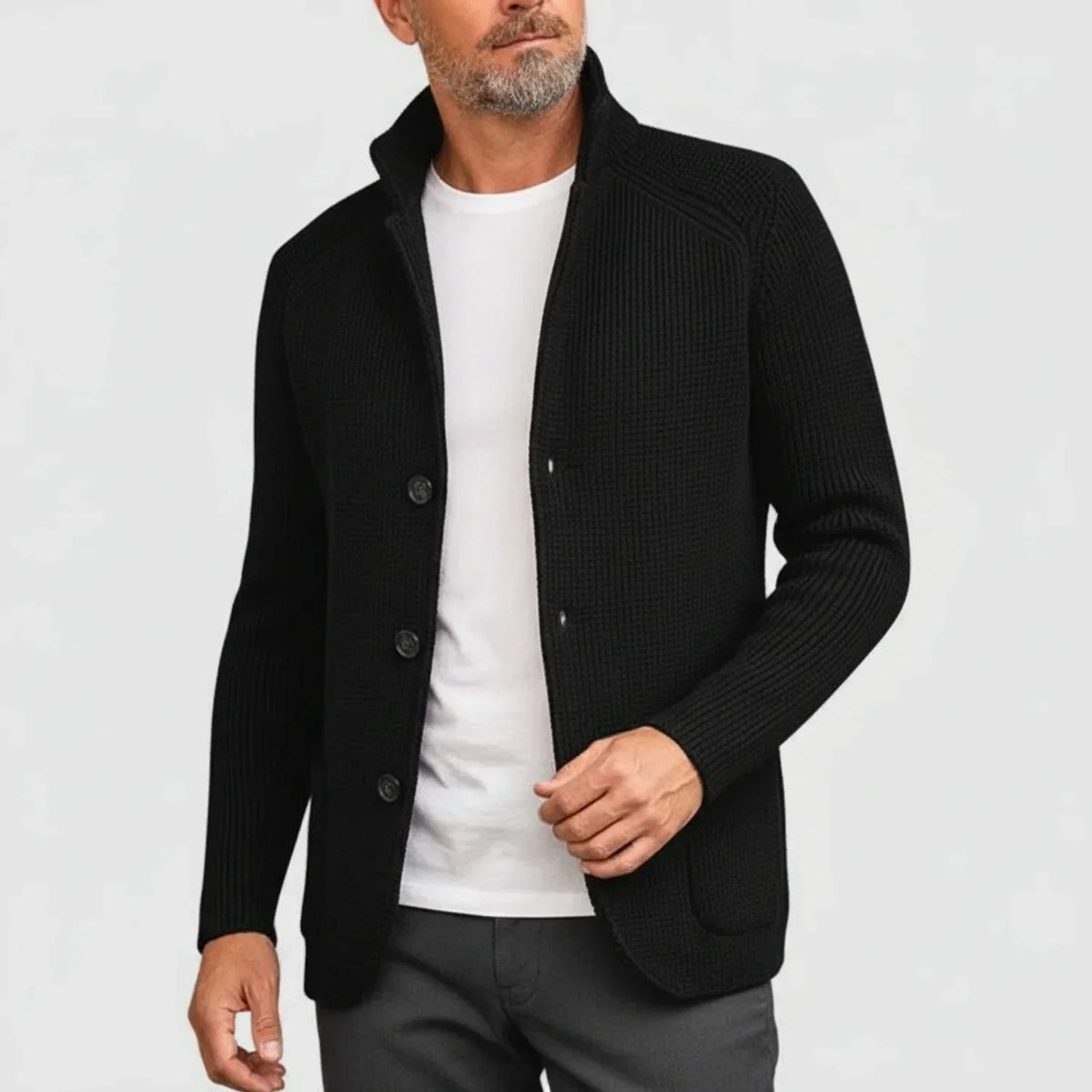 Ribbed Stand-Collar Cardigan