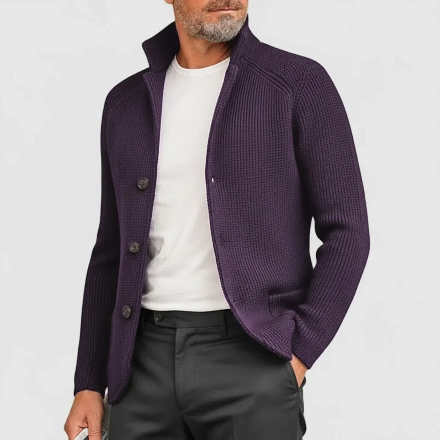 Ribbed Stand-Collar Cardigan