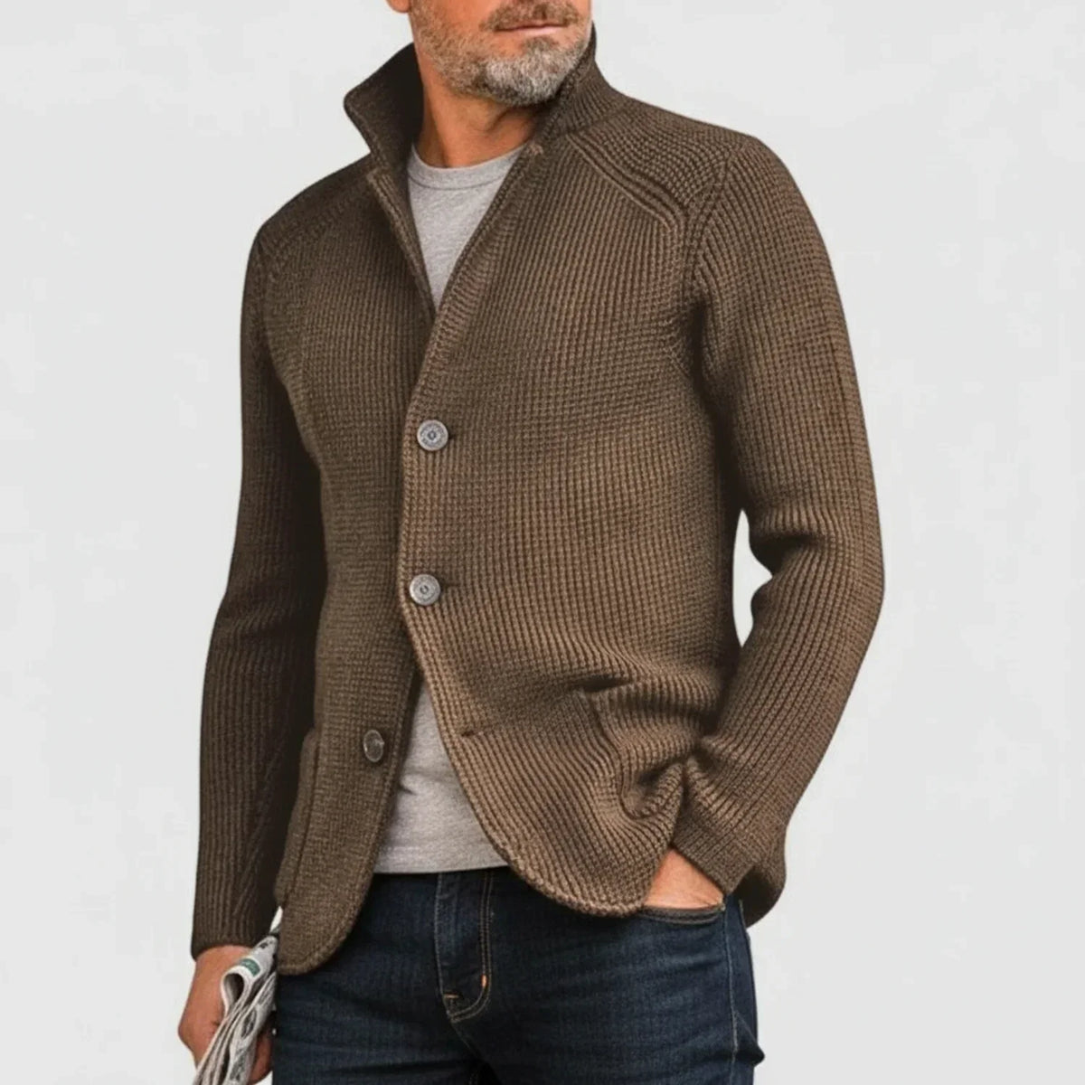 Ribbed Stand-Collar Cardigan