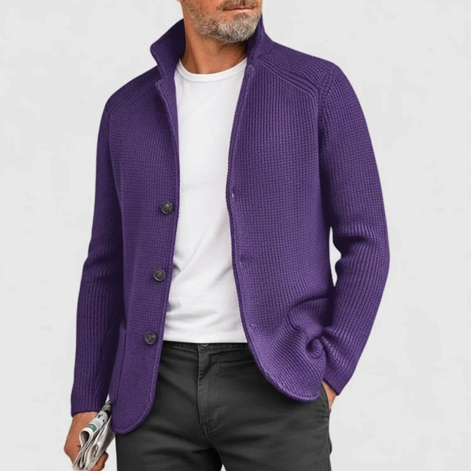 Ribbed Stand-Collar Cardigan