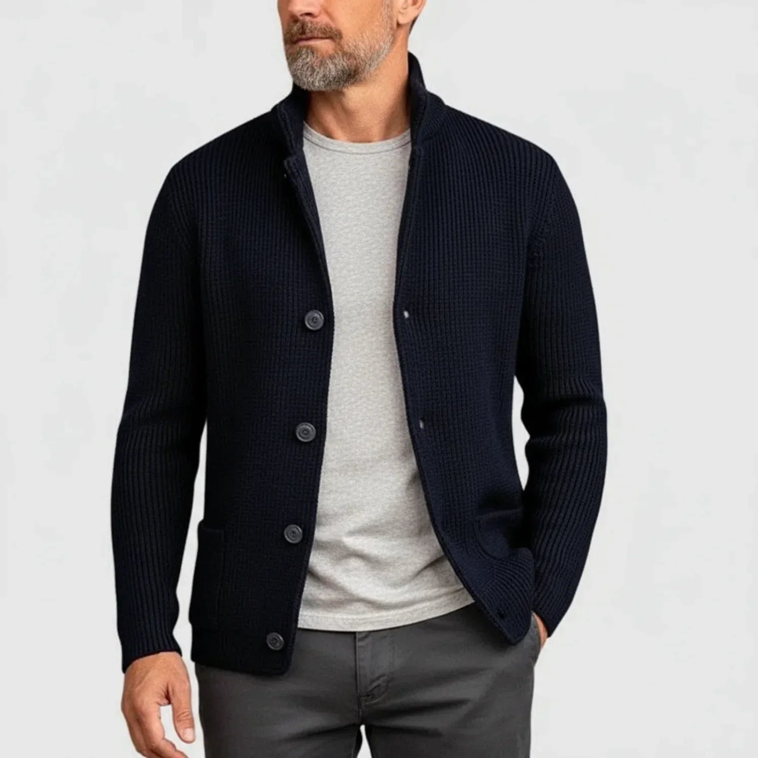 Ribbed Stand-Collar Cardigan