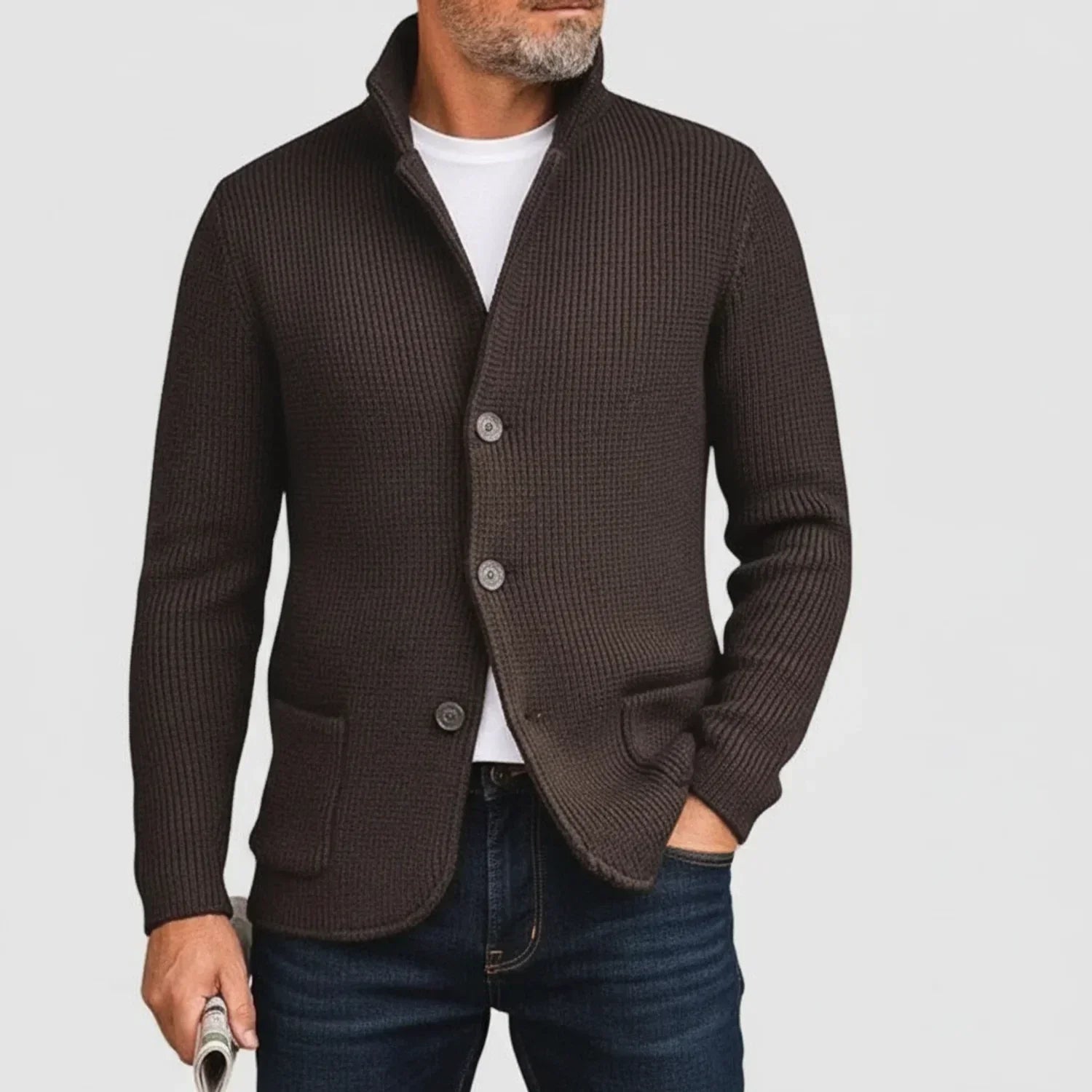 Ribbed Stand-Collar Cardigan