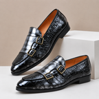 Double Buckle Embossed Loafers