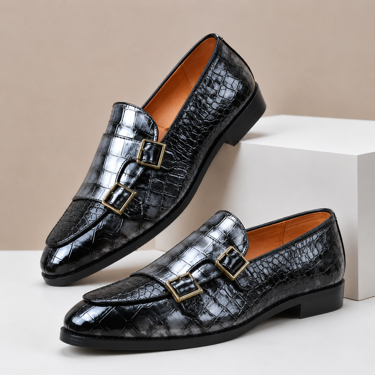 Double Buckle Embossed Loafers