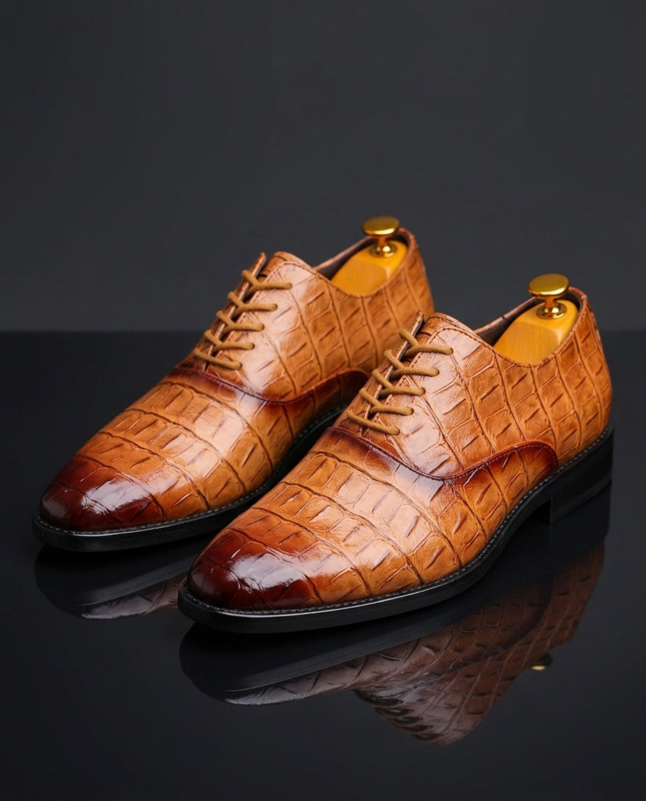 Croc-Embossed Leather Oxford Shoes
