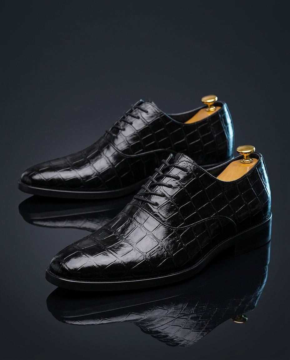 Croc-Embossed Leather Oxford Shoes