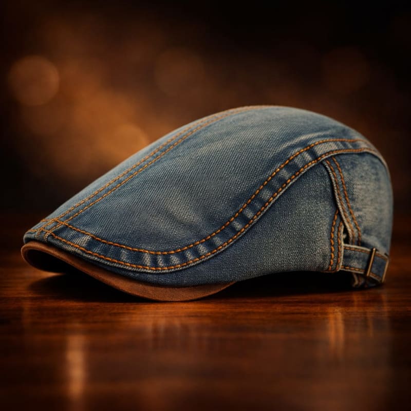 Washed Denim Contrast Stitch Flat Cap