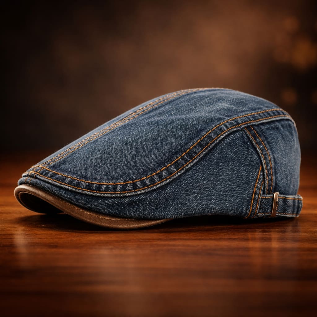 Washed Denim Contrast Stitch Flat Cap