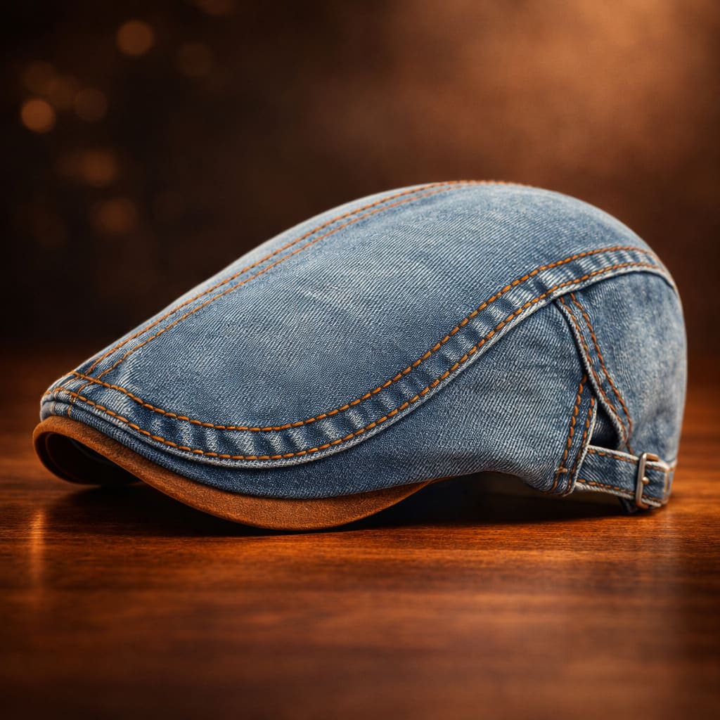 Washed Denim Contrast Stitch Flat Cap