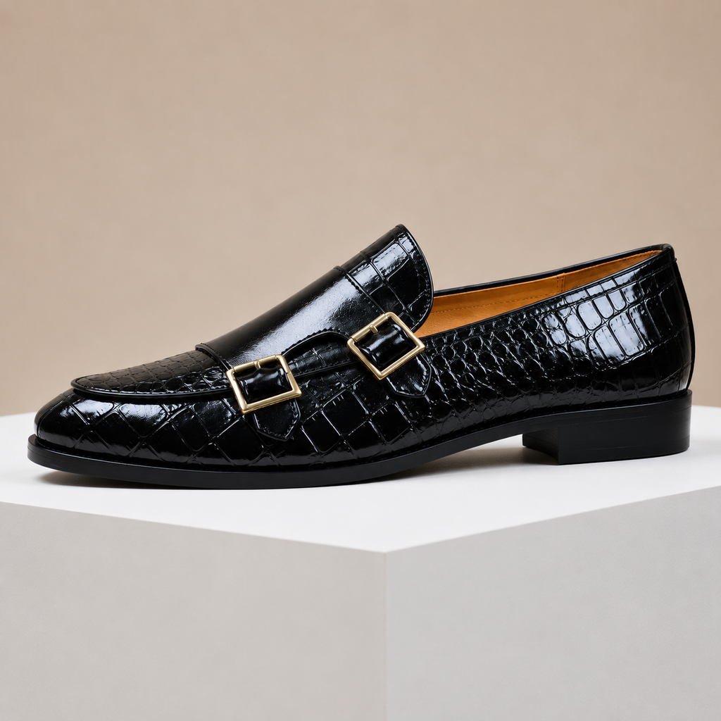 Double Buckle Embossed Loafers