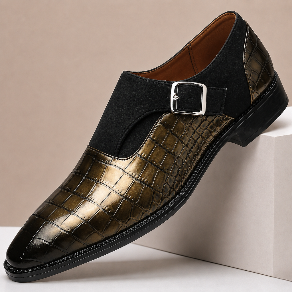Croc-Embossed Leather Monk Strap