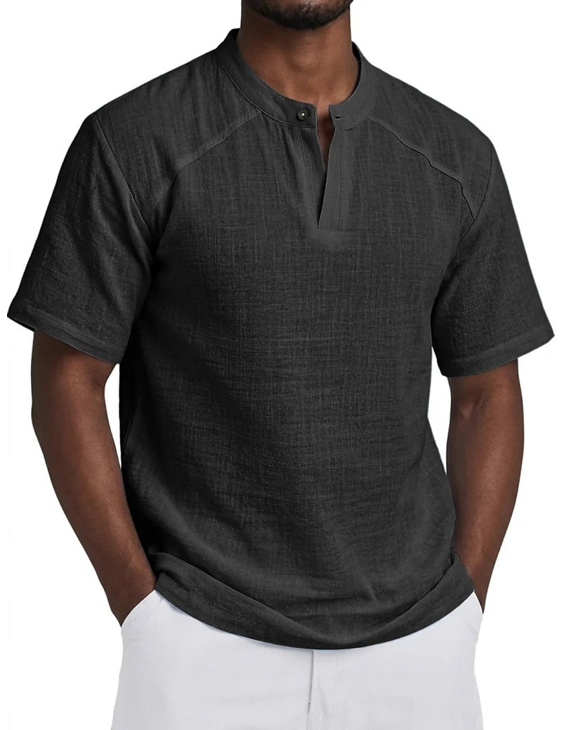 Linen-Blend Grandad Popover Shirt